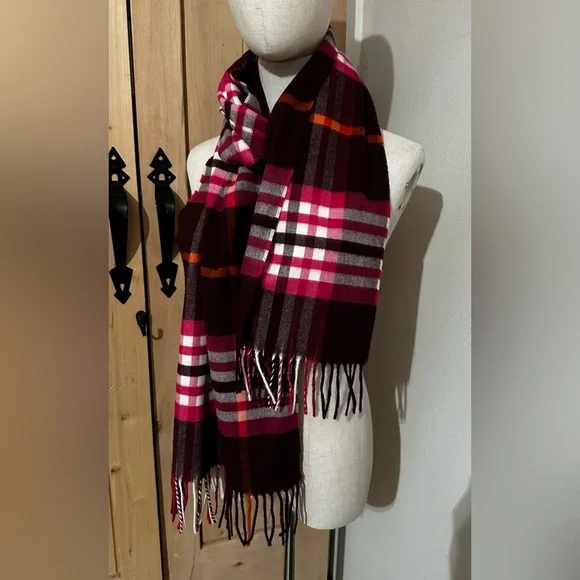 V. FRAAS Red Pink Brown Plaid Scarf Winter Wrap OS - Picture 2 of 4